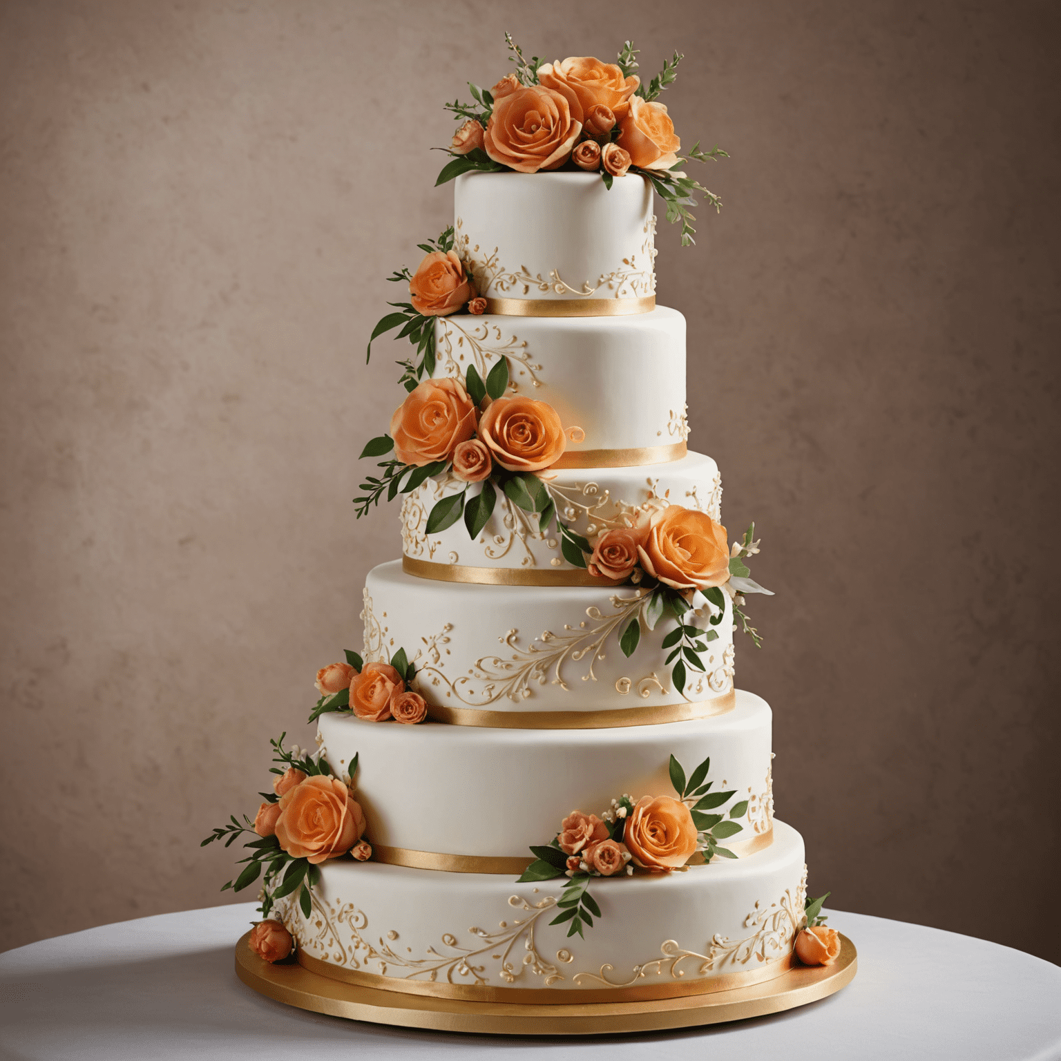 Imagen de una elaborada tarta de boda de tres pisos con decoraciones florales en fondant, creada por nuestros pasteleros españoles expertos
