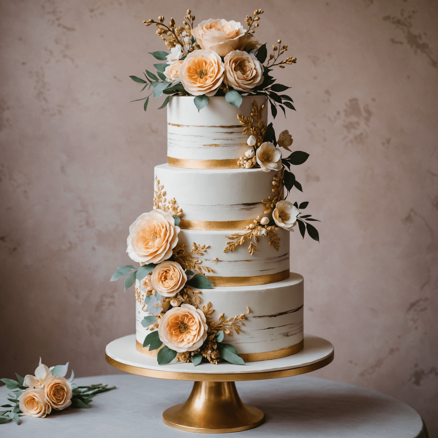 Elegante tarta de boda de varios pisos con decoración floral en tonos pastel y detalles dorados