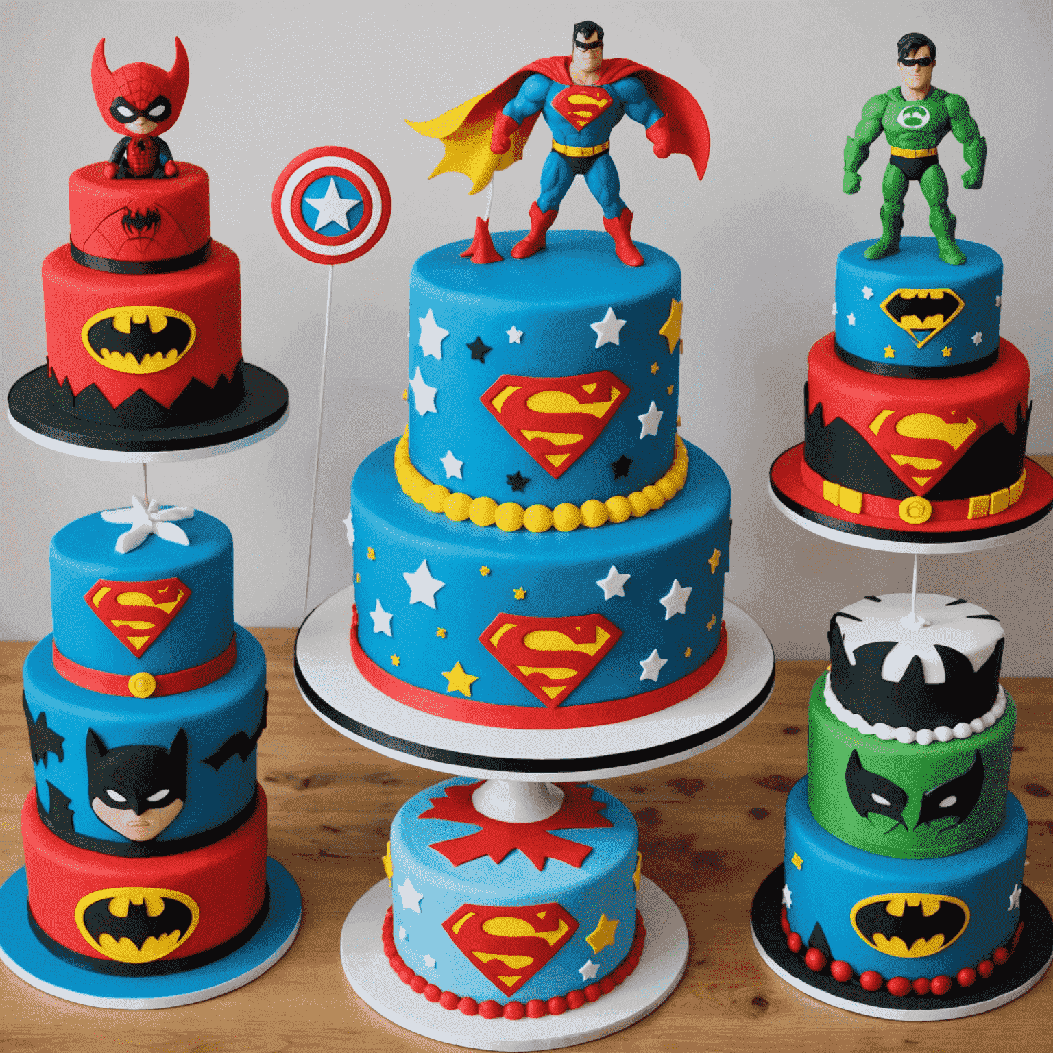 Una variedad de pasteles de cumpleaños coloridos y temáticos para niños, incluyendo diseños de superhéroes, princesas y animales