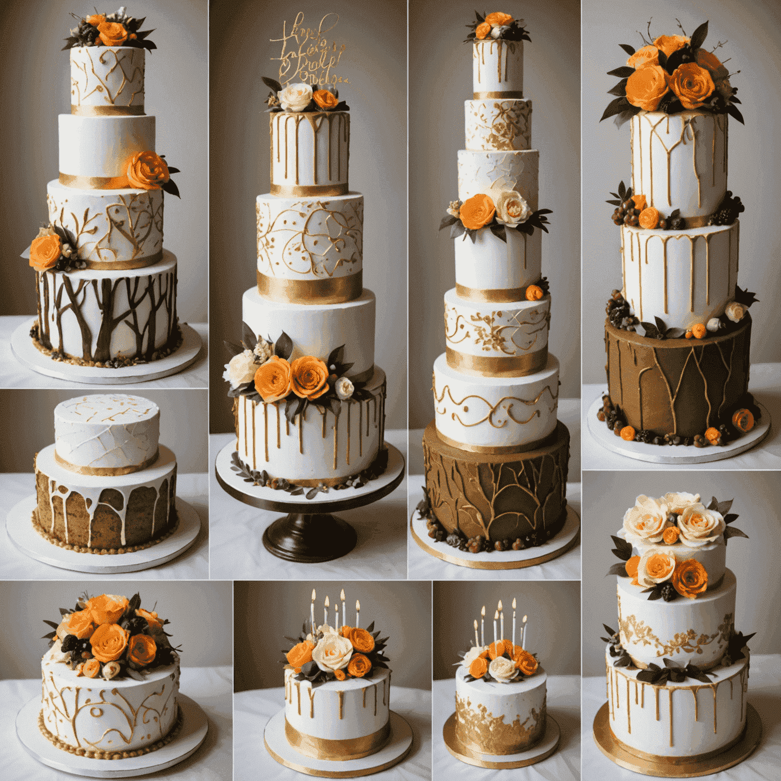 Collage de pasteles artesanales decorados para bodas, cumpleaños y eventos especiales, mostrando la variedad y calidad de nuestros servicios