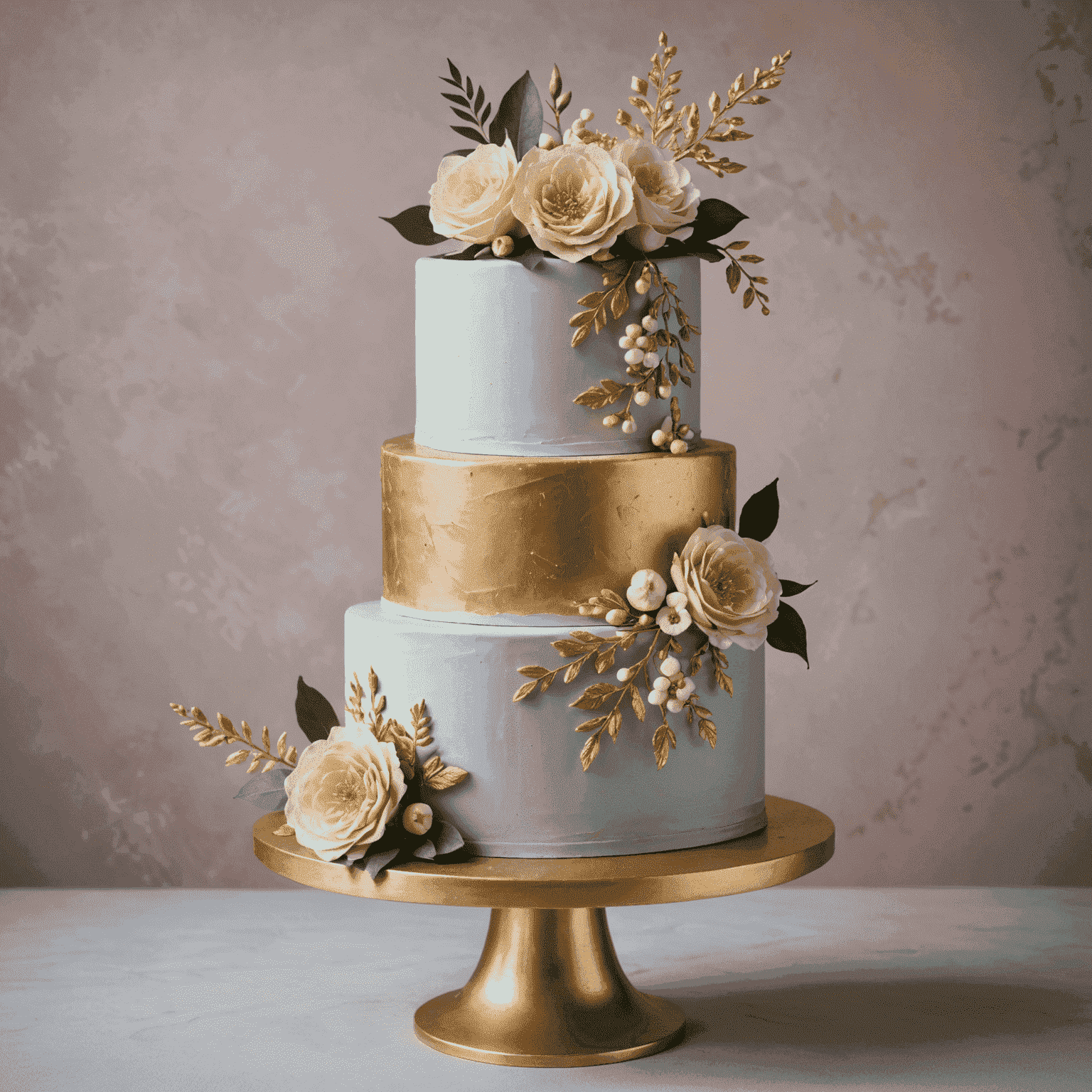 Elegante pastel de boda de tres pisos con decoraciones florales en tonos pastel y detalles dorados