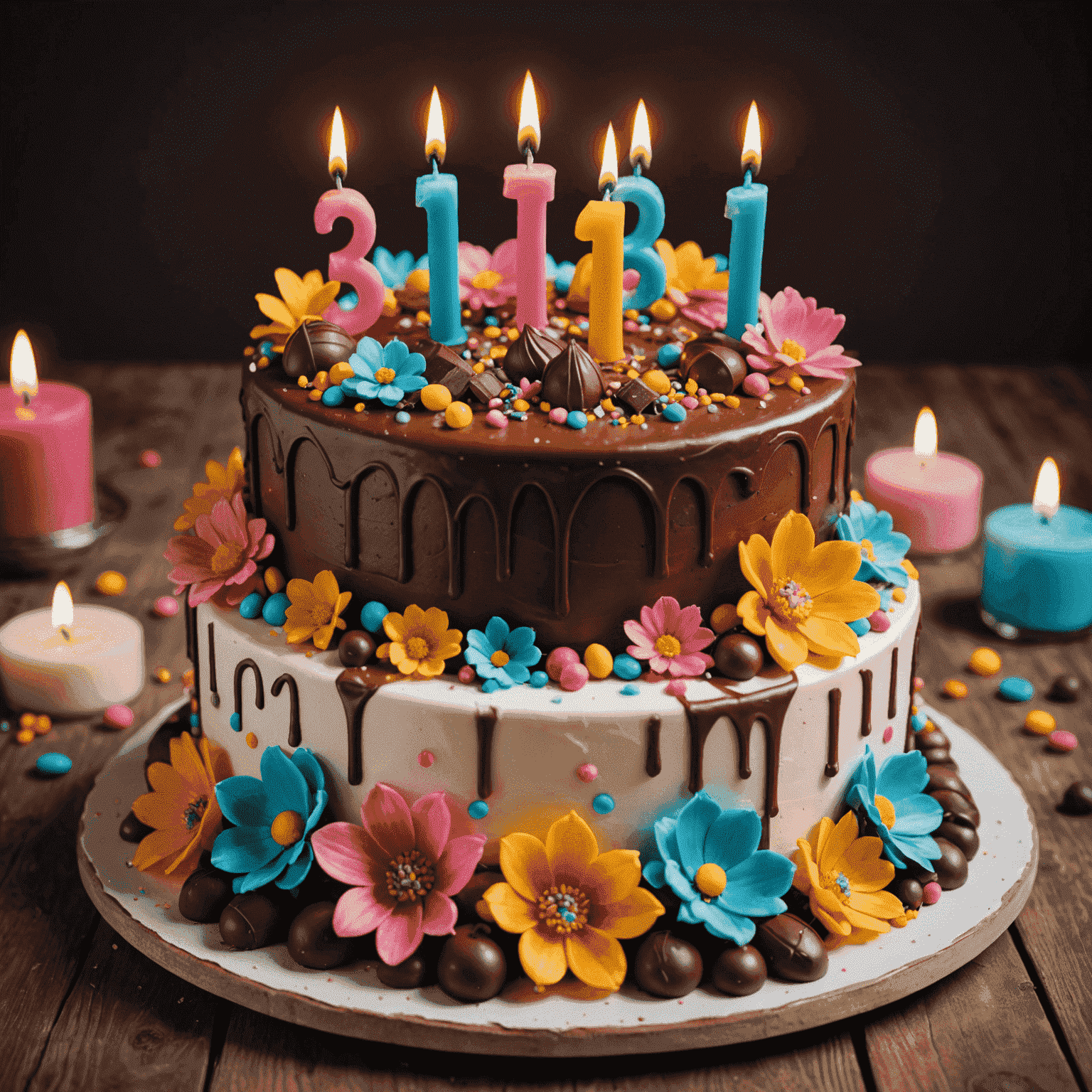 Tarta de cumpleaños colorida con velas encendidas, decorada con flores de azúcar y figuras de chocolate