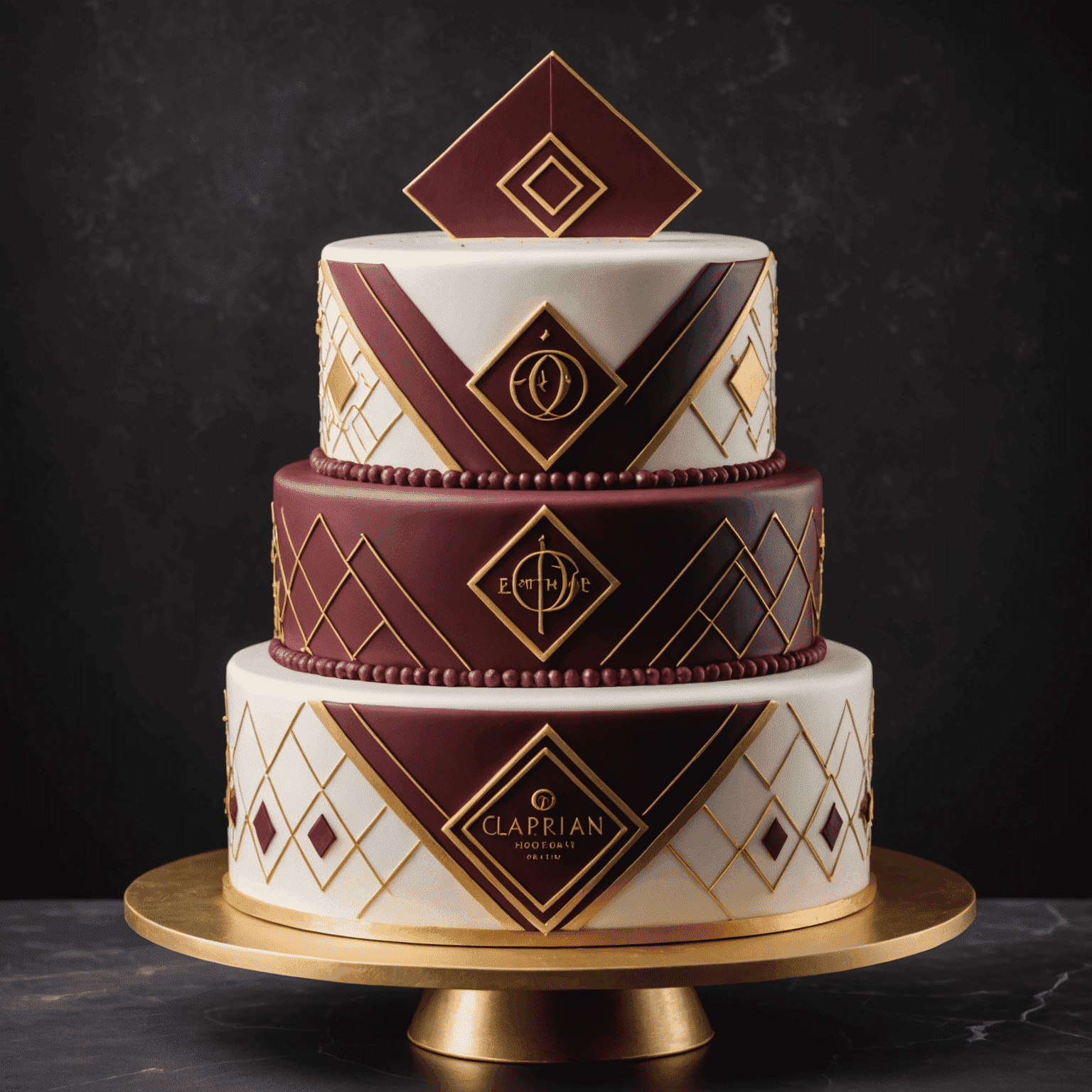 Tarta corporativa elegante con el logotipo de una empresa en el centro, decorada con motivos geométricos en tonos dorados y burgundy