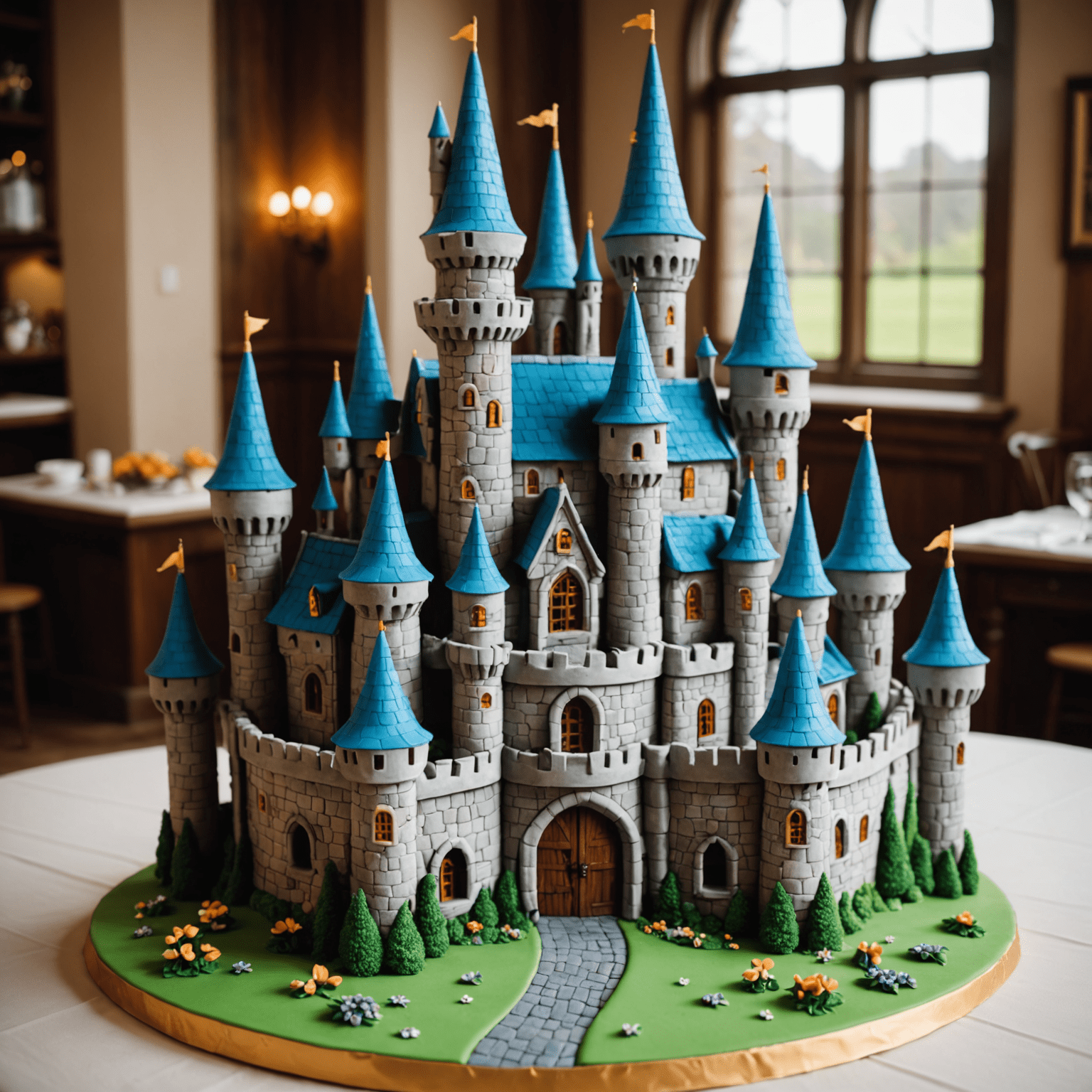 Tarta temática elaborada con forma de castillo de cuento de hadas, con torres, ventanas y detalles en fondant