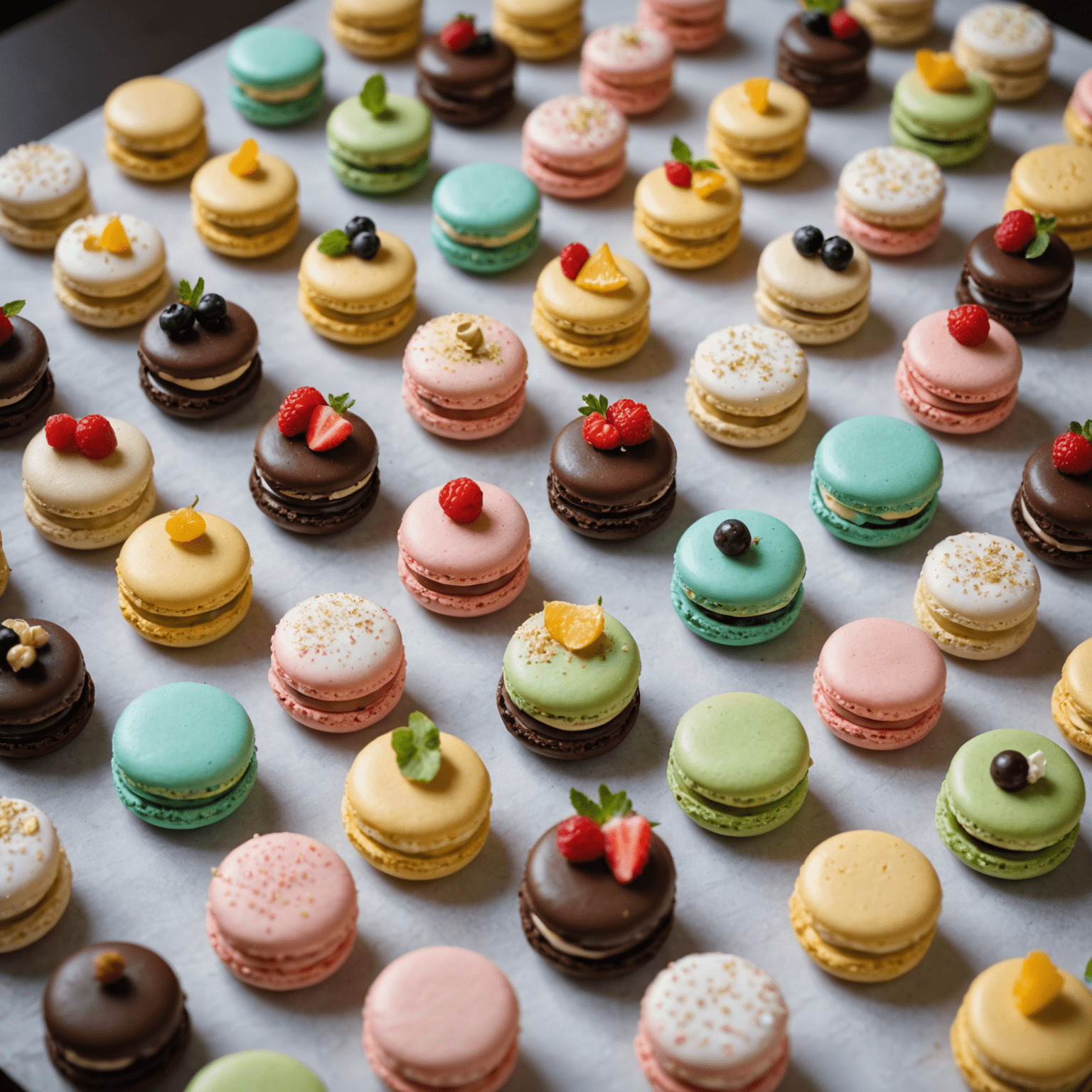 Una variedad de mini postres elegantes, incluyendo macarons de colores pastel, pequeños tartaletas de frutas y trufas de chocolate decoradas con oro comestible