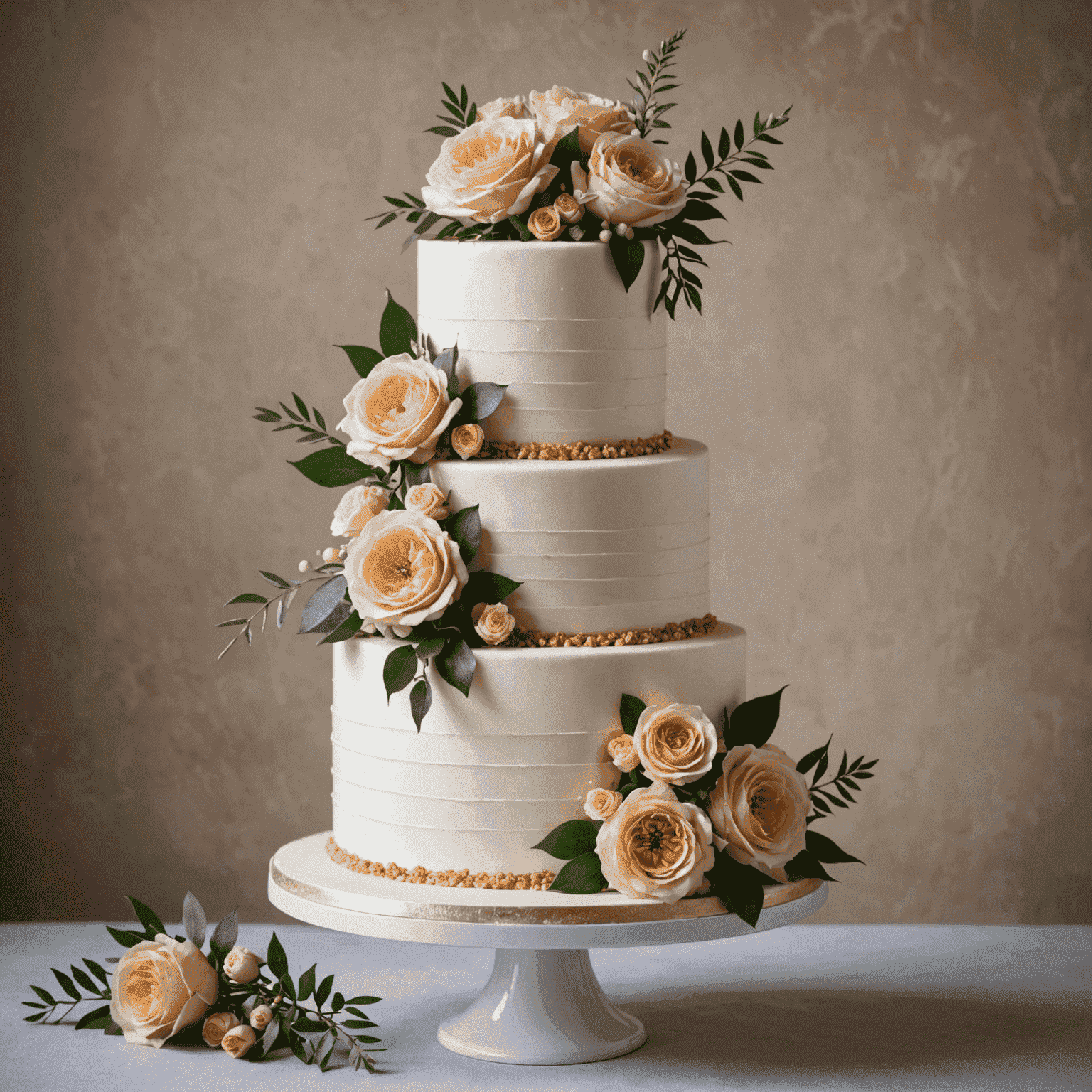 Imagen de una elegante tarta de boda con decoraciones modernas y flores frescas