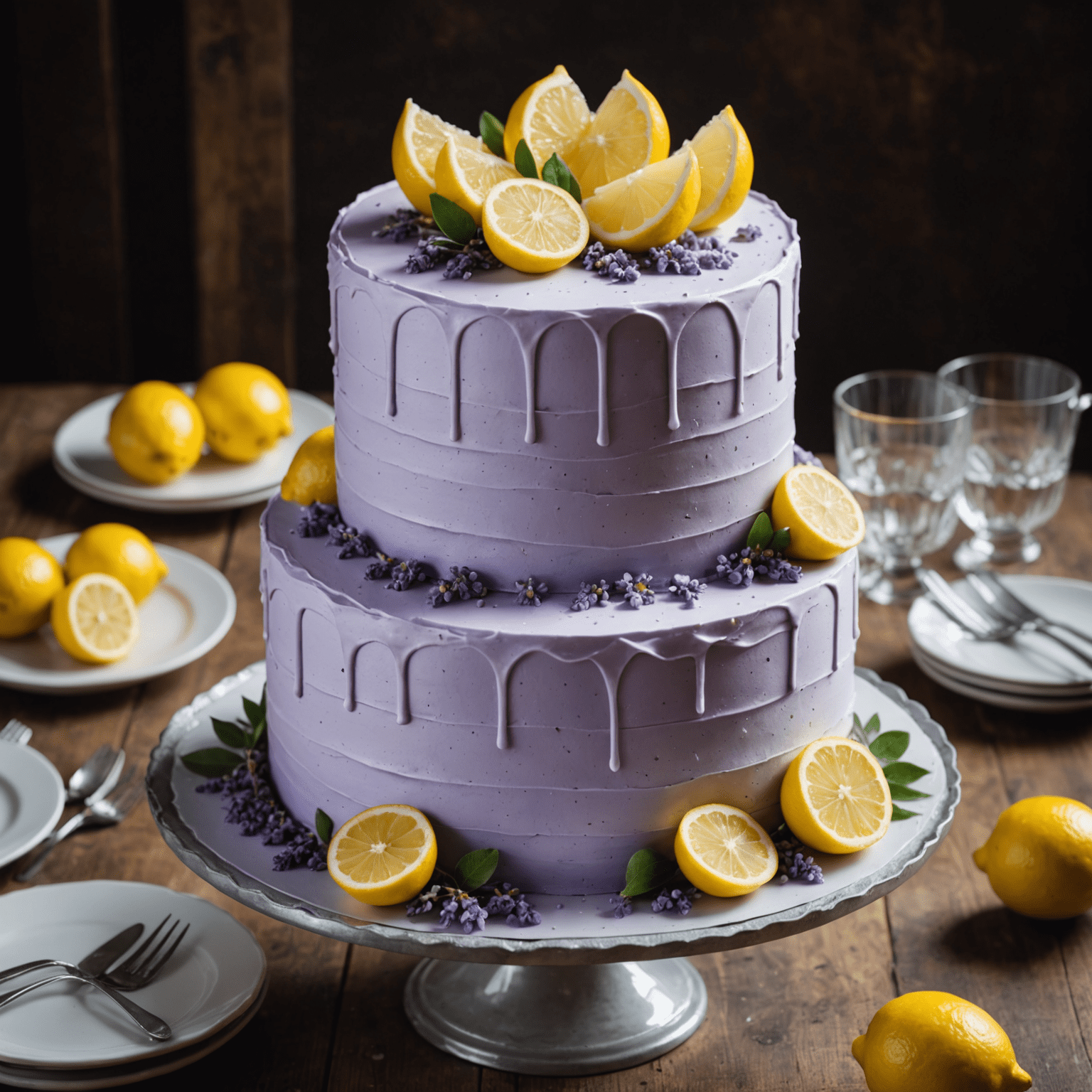Pastel de tres pisos con glaseado de color lavanda claro y decoraciones de limón confitado