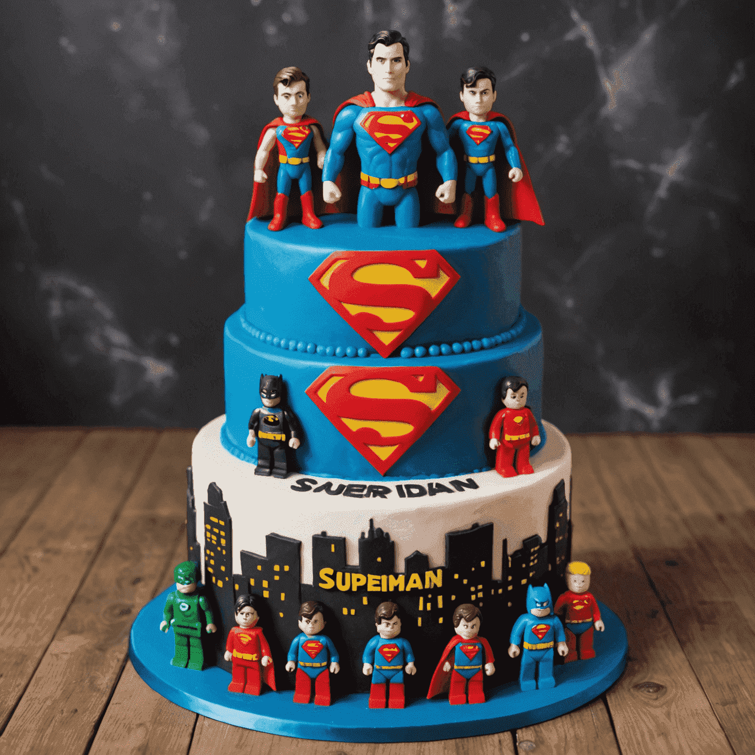 Un pastel de cumpleaños temático de superhéroes con figuritas de acción y el logo de Superman