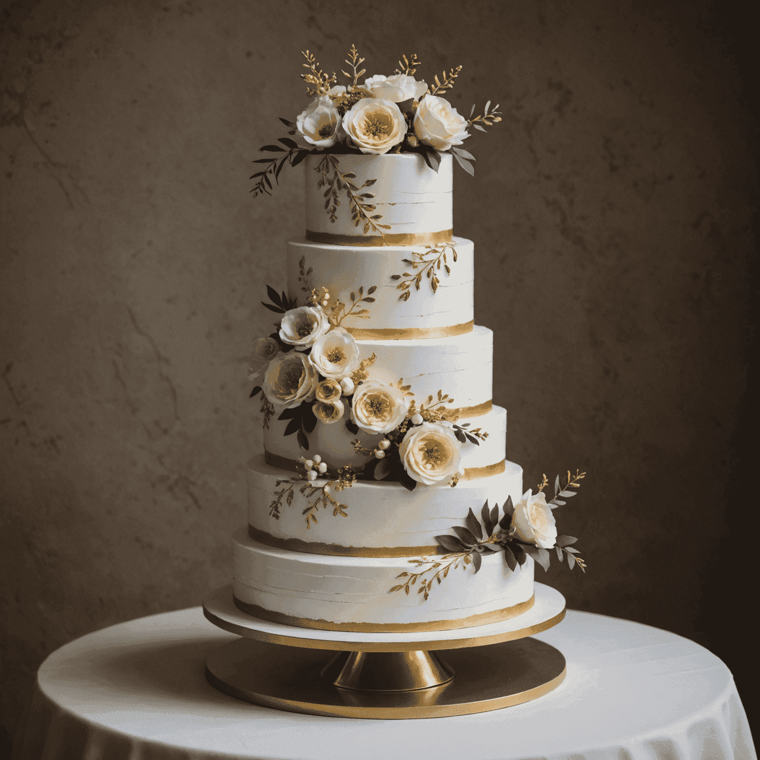 Un pastel de boda de varios niveles con decoración floral y detalles en dorado