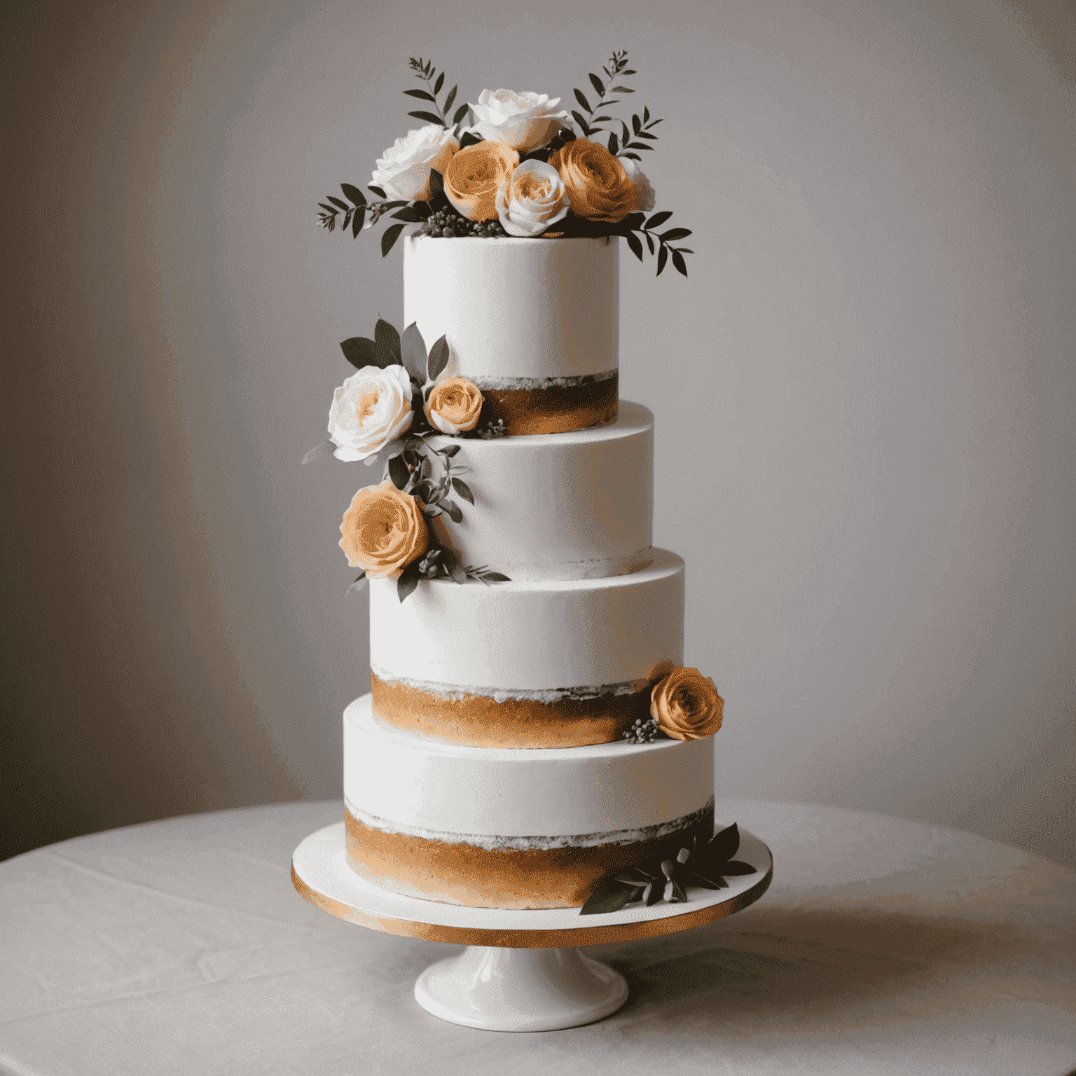 Pastel de boda minimalista con acabado liso y flores frescas