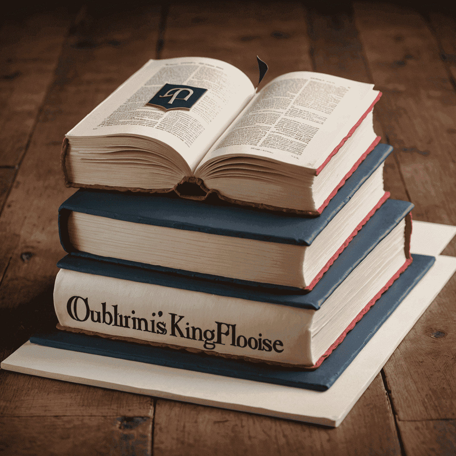 Tarta corporativa en forma de libro abierto con el logotipo de una editorial impreso en las páginas