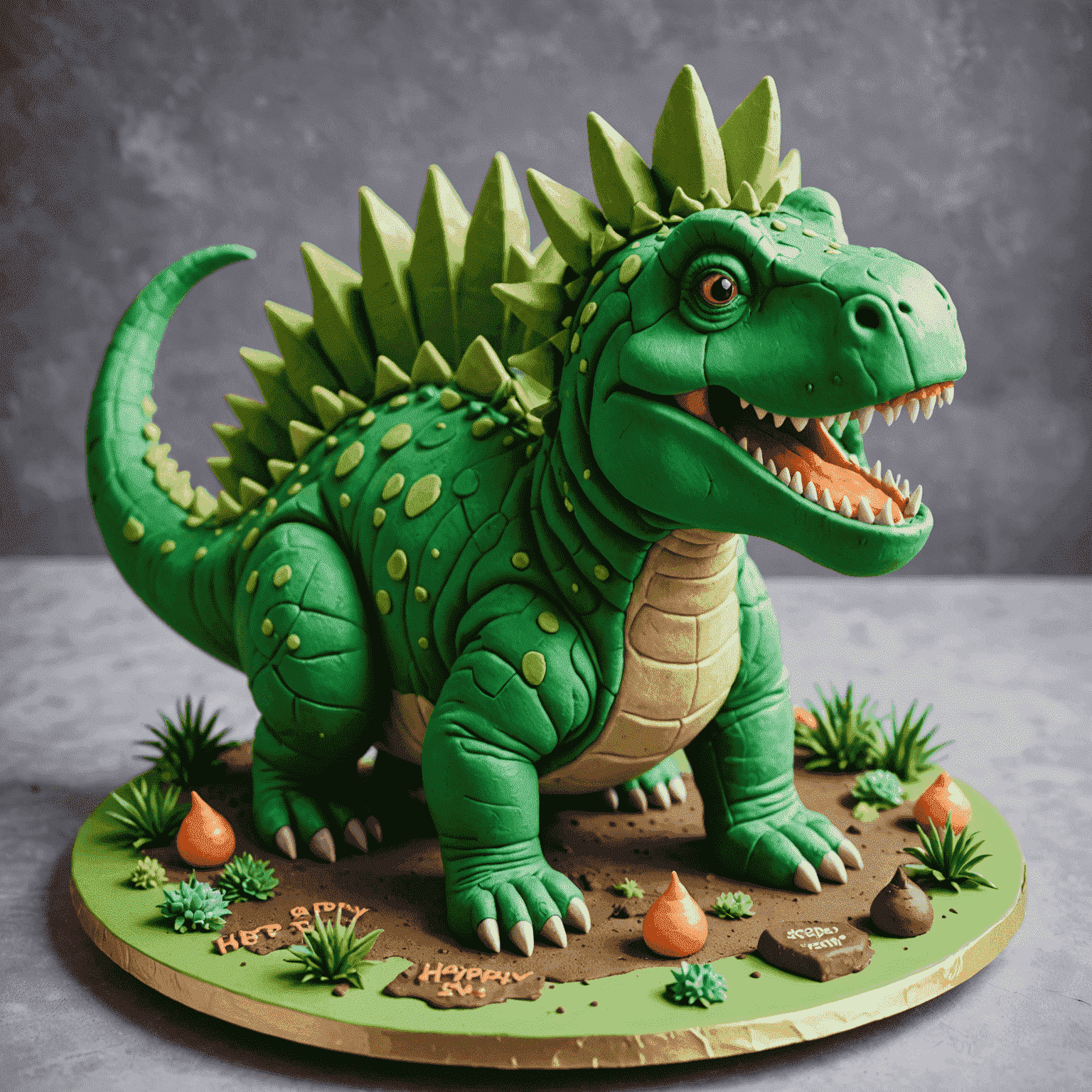 Tarta de cumpleaños con forma de dinosaurio en 3D, cubierta de fondant verde y detalles realistas