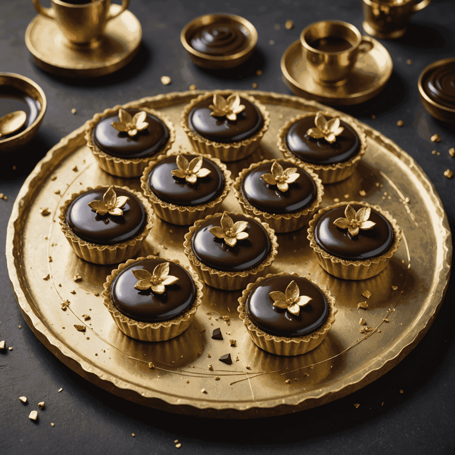 Mini tartas de chocolate con ganache brillante y decoración de oro comestible
