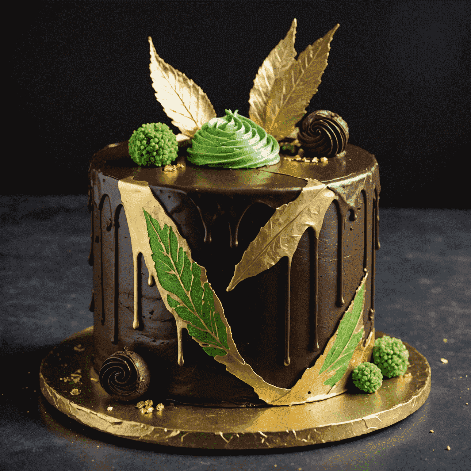 Pastel de chocolate oscuro con un sutil swirl verde de wasabi y decoraciones de hojas de oro