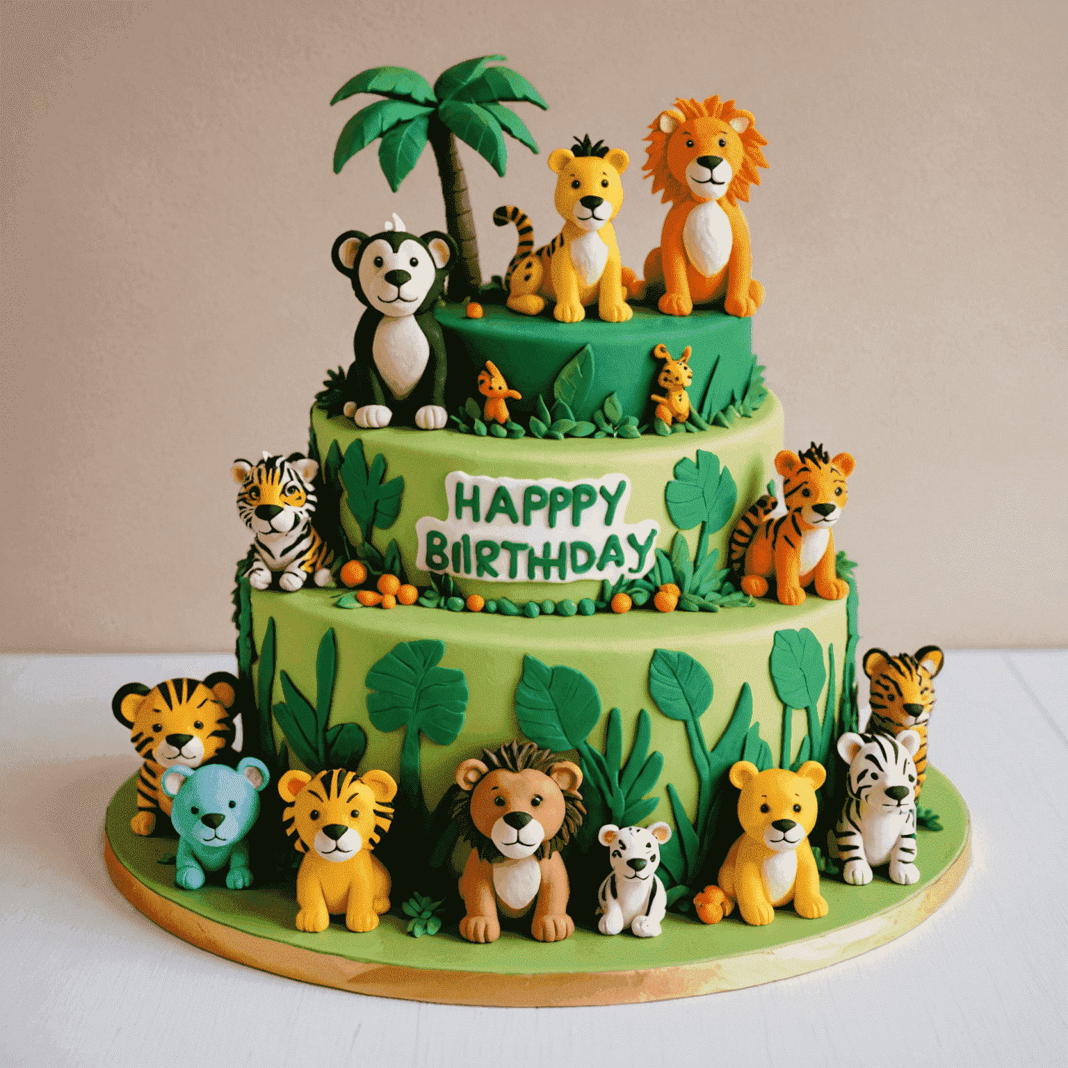 Un pastel de cumpleaños decorado con buttercream de colores brillantes y figuras de animales de la selva hechas de fondant