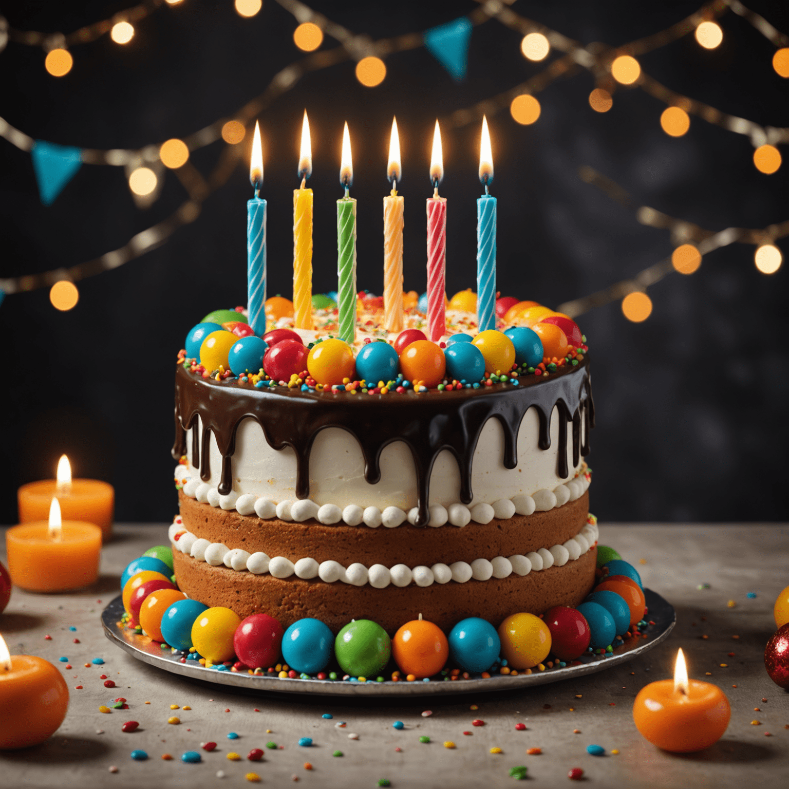 Un pastel de cumpleaños vibrante con velas y decoraciones festivas