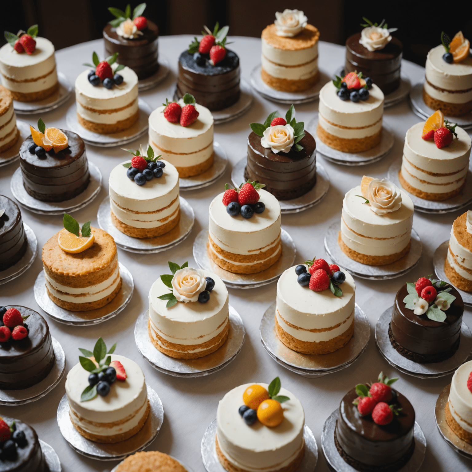 Variedad de mini pasteles de boda con diferentes sabores y decoraciones