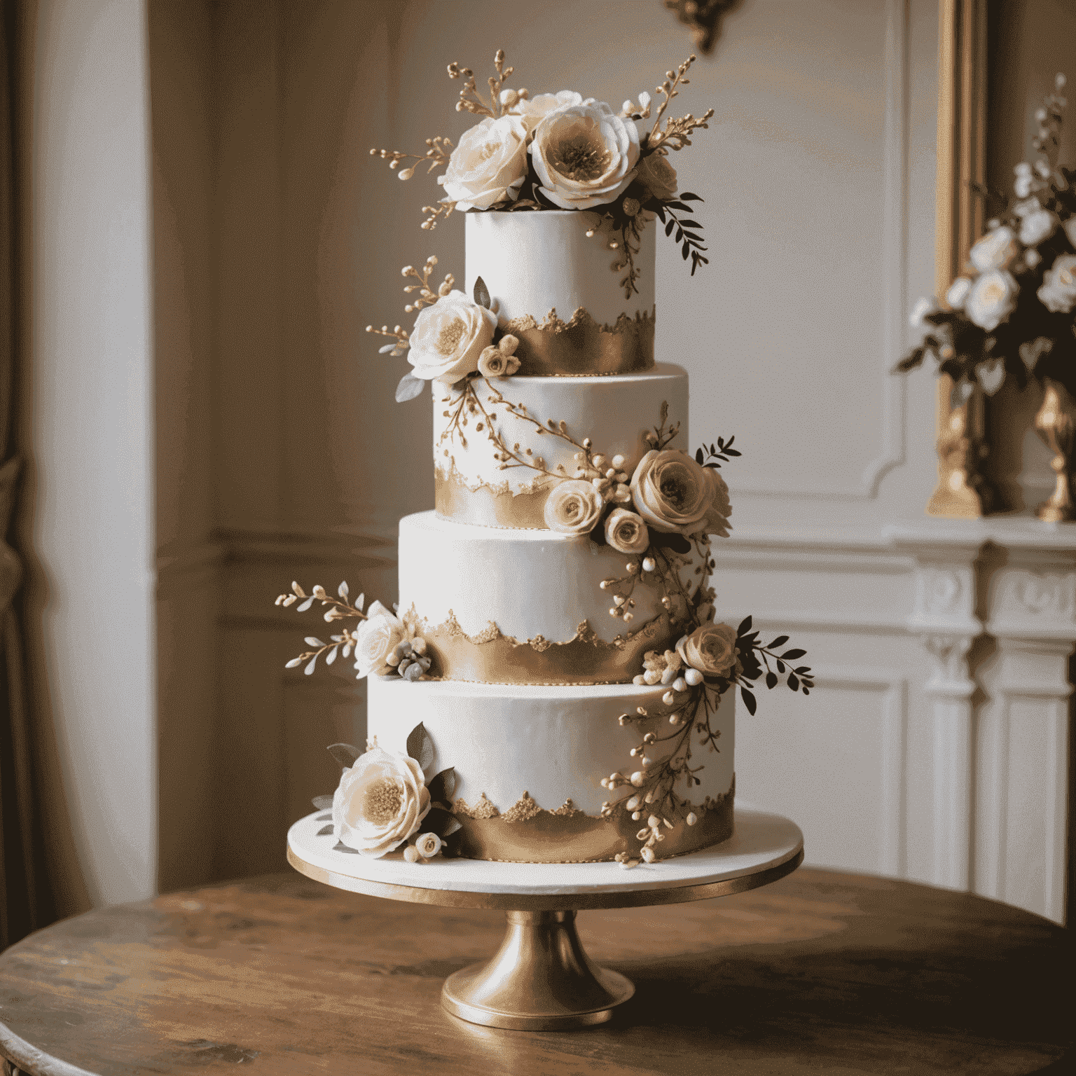 Tarta de boda elegante de varios pisos con decoraciones florales en azúcar y detalles dorados
