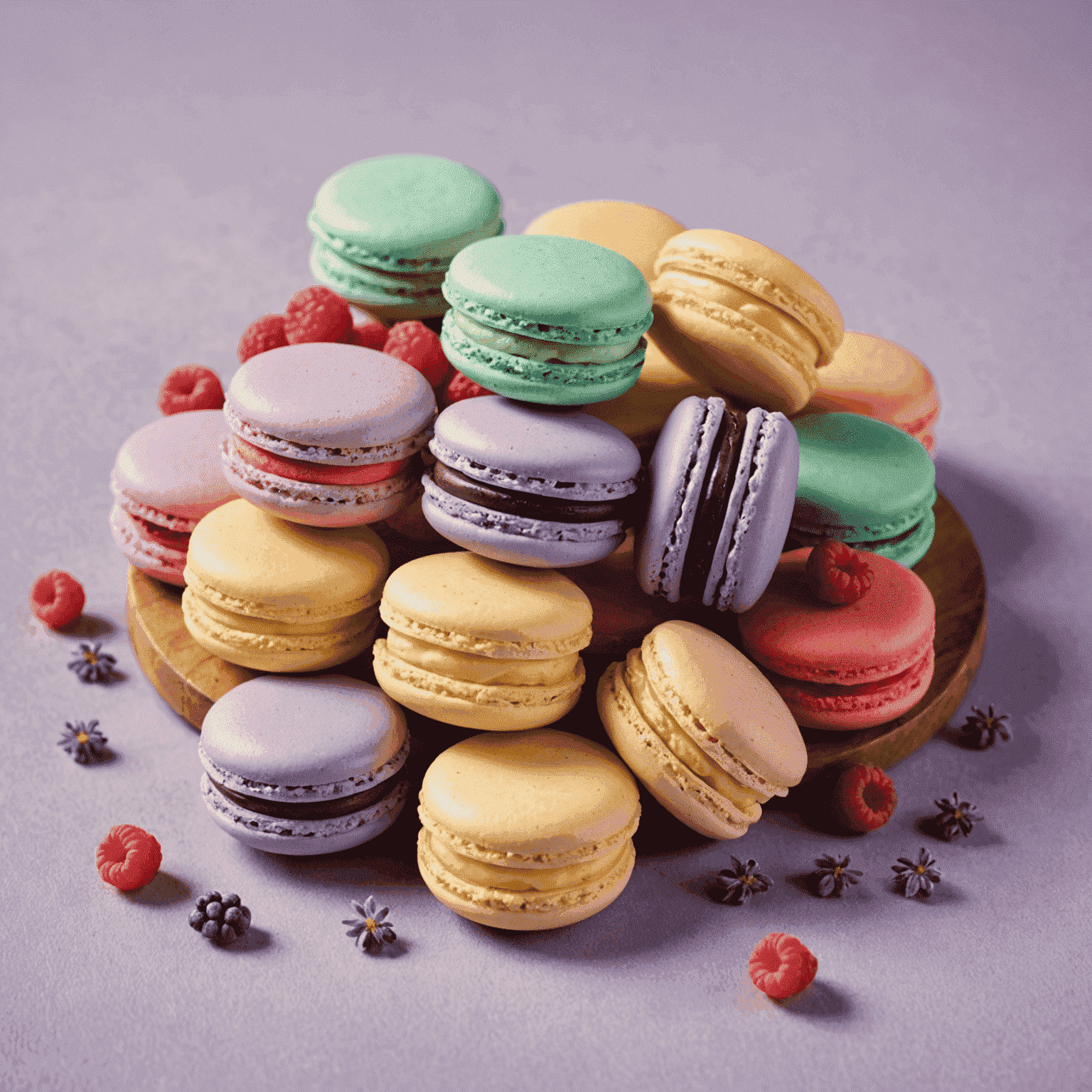 Macarons en tonos pastel con rellenos variados como lavanda y frambuesa