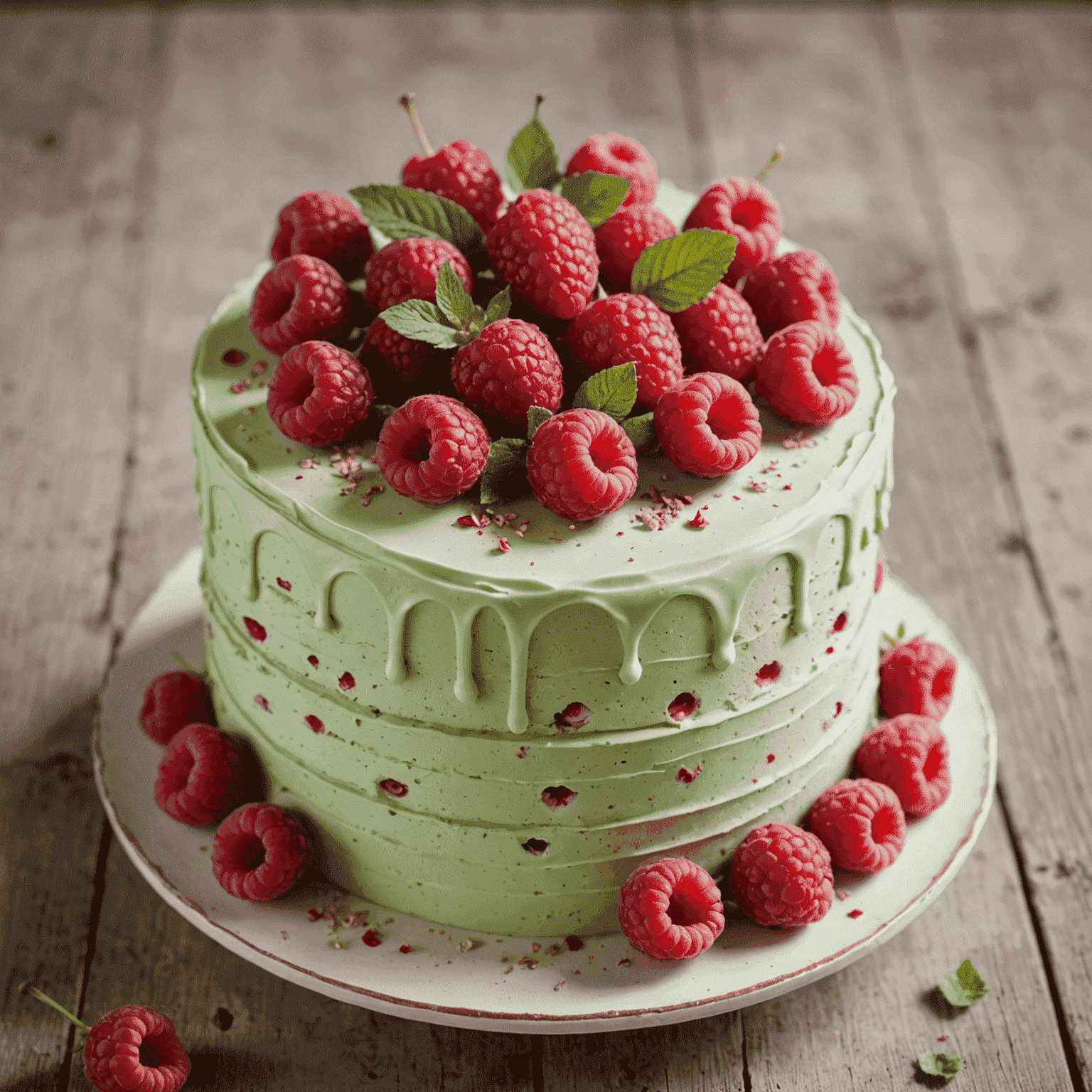 Pastel de color verde pálido con capas de crema de frambuesa y decorado con frambuesas frescas