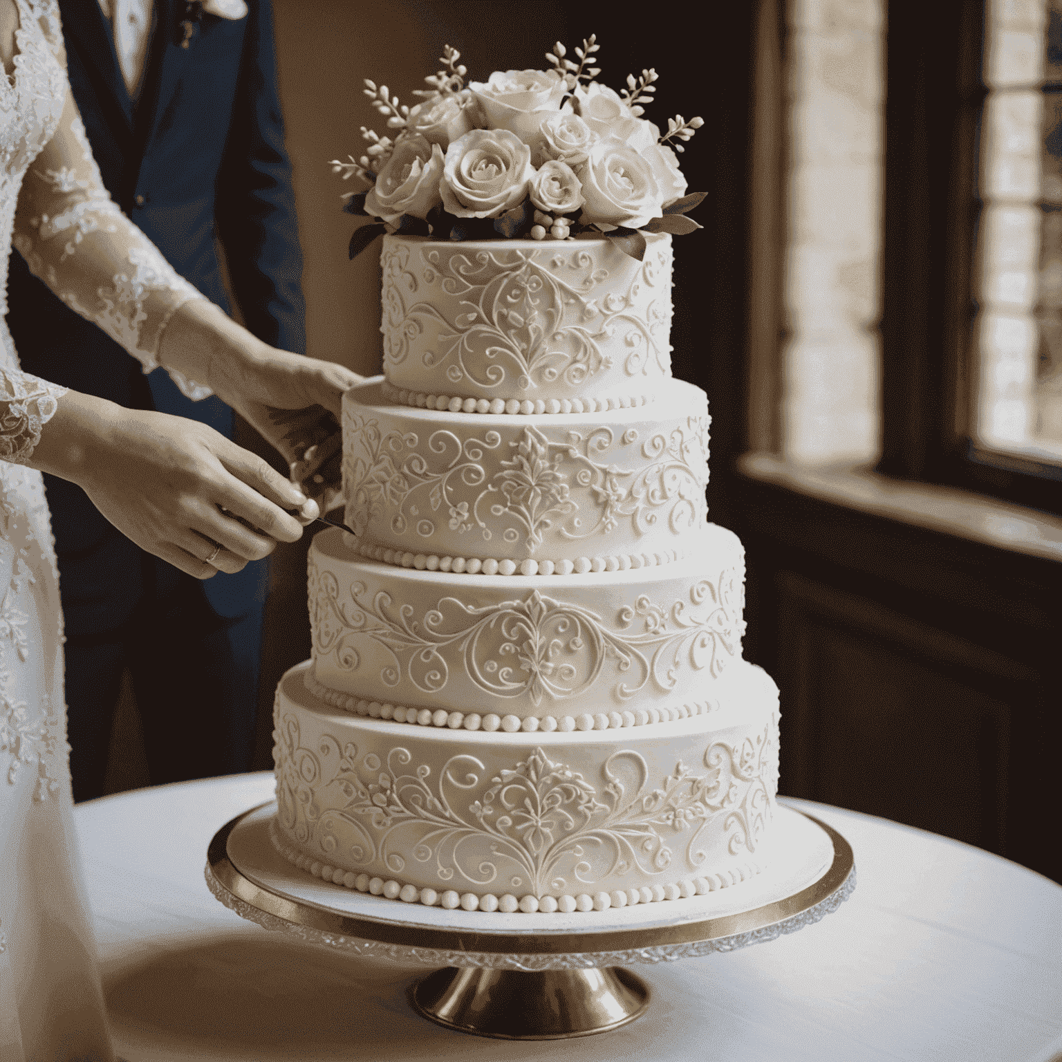 Pastel de boda siendo decorado con intrincados detalles de azúcar