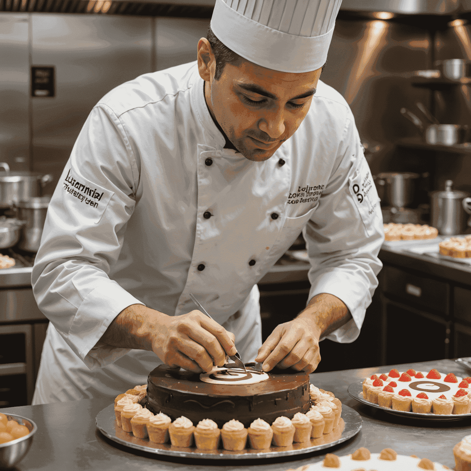 Chef pastelero aplicando cuidadosamente un logotipo comestible a una tarta corporativa