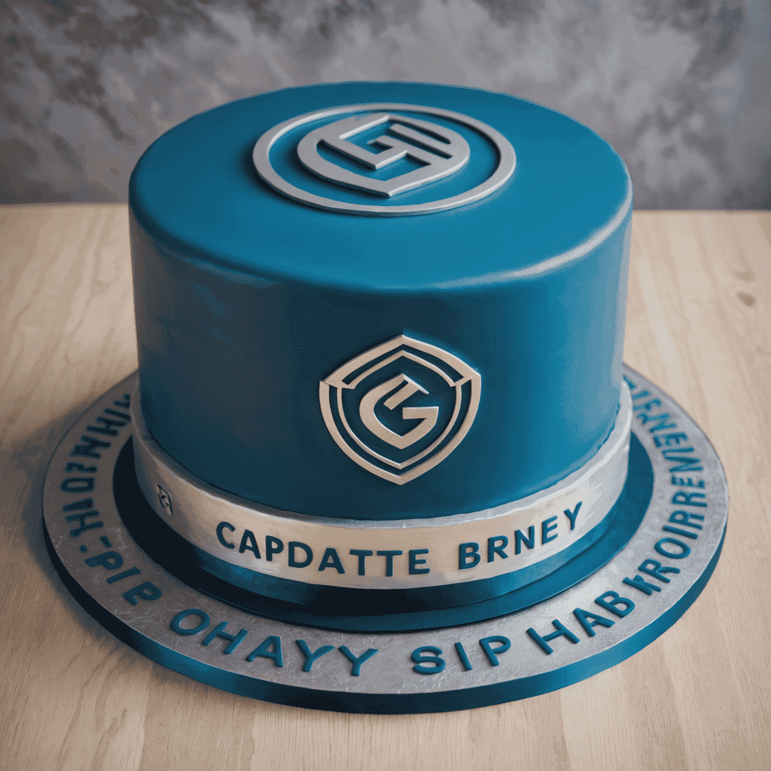 Tarta corporativa con el logotipo de una empresa y diseño moderno en tonos azules y plateados