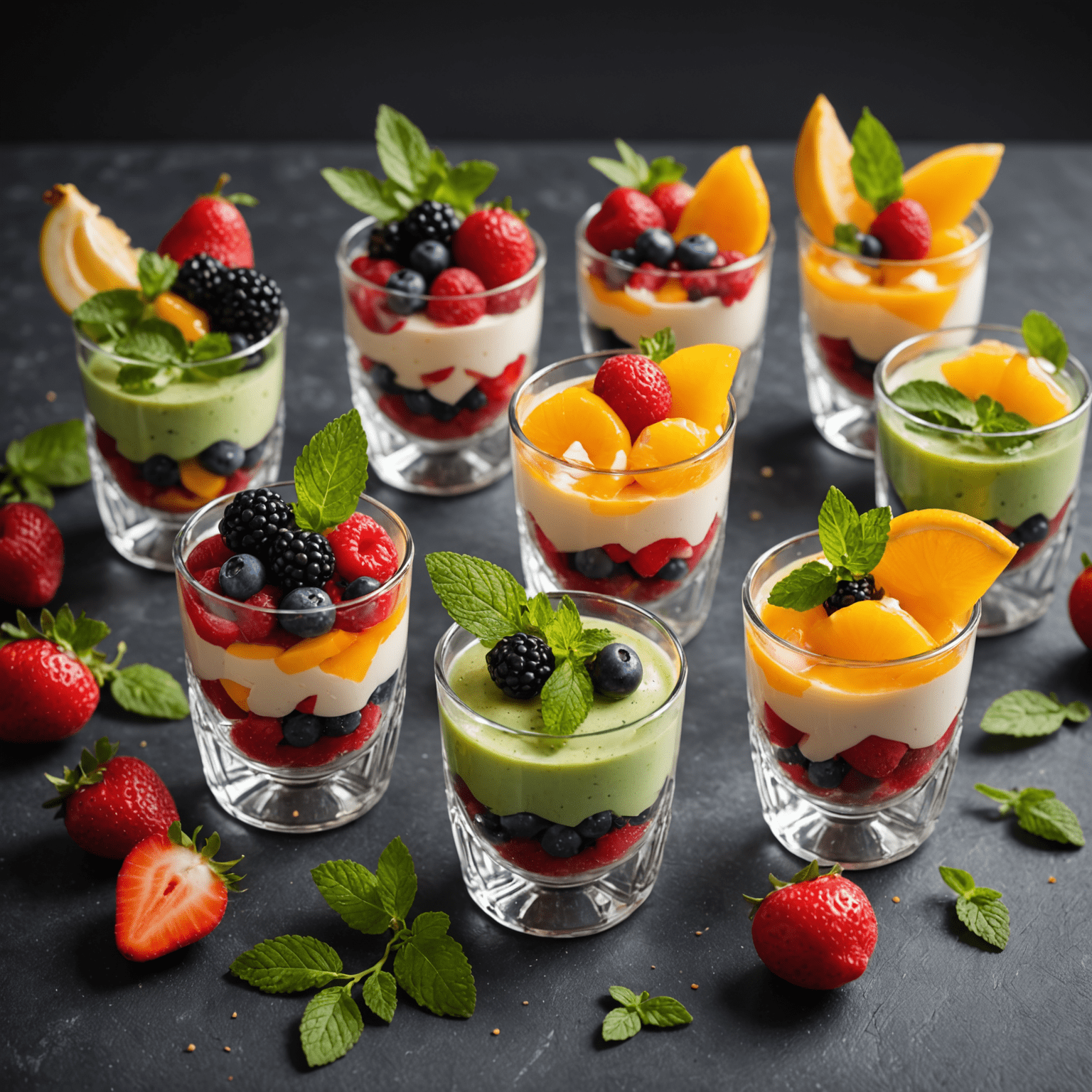 Mini mousses de frutas en vasos de cristal, decorados con frutas frescas y hierbas