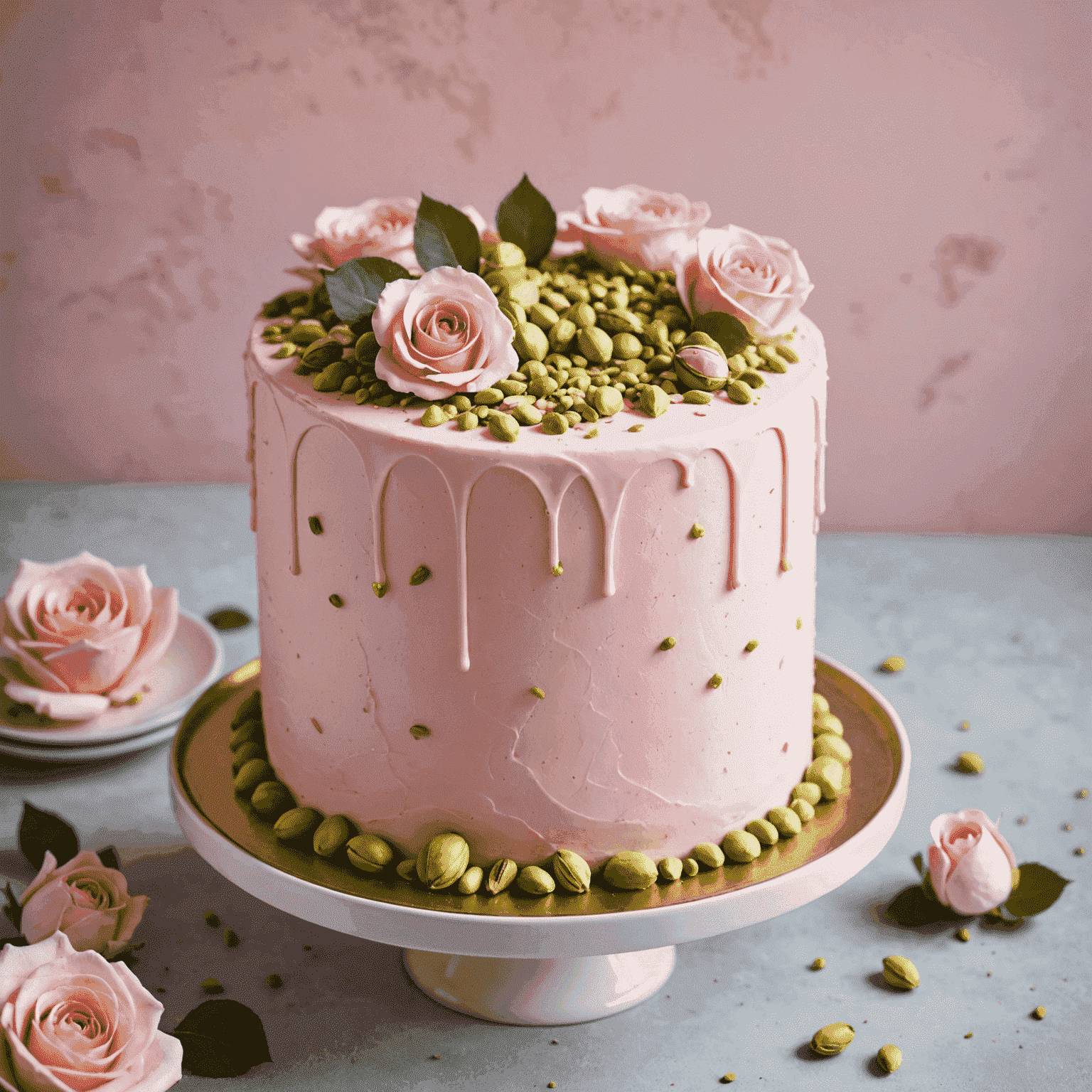 Pastel de color rosa pálido con trozos de pistacho y pétalos de rosa comestibles como decoración