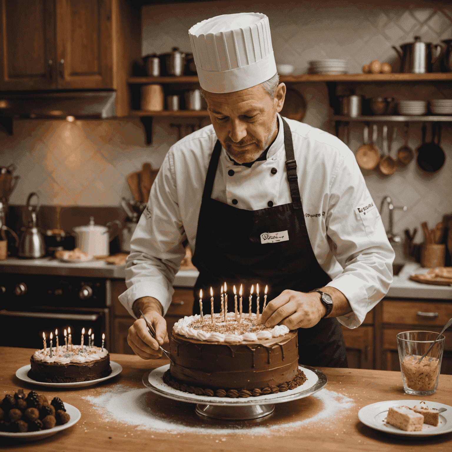 Pastelero decorando una tarta de cumpleaños con precisión