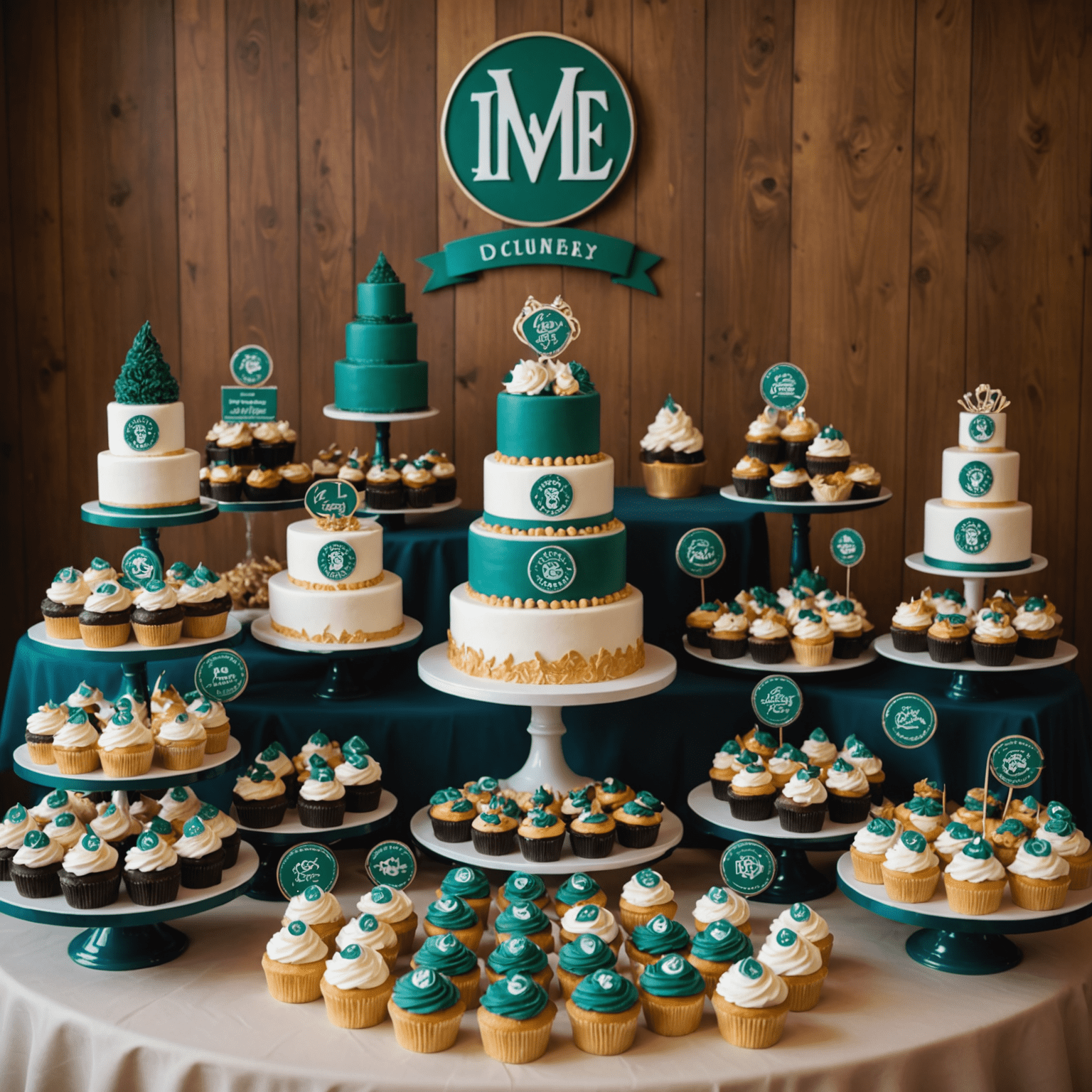 Mesa de postres corporativos con una variedad de tartas, cupcakes y galletas personalizadas con logos empresariales