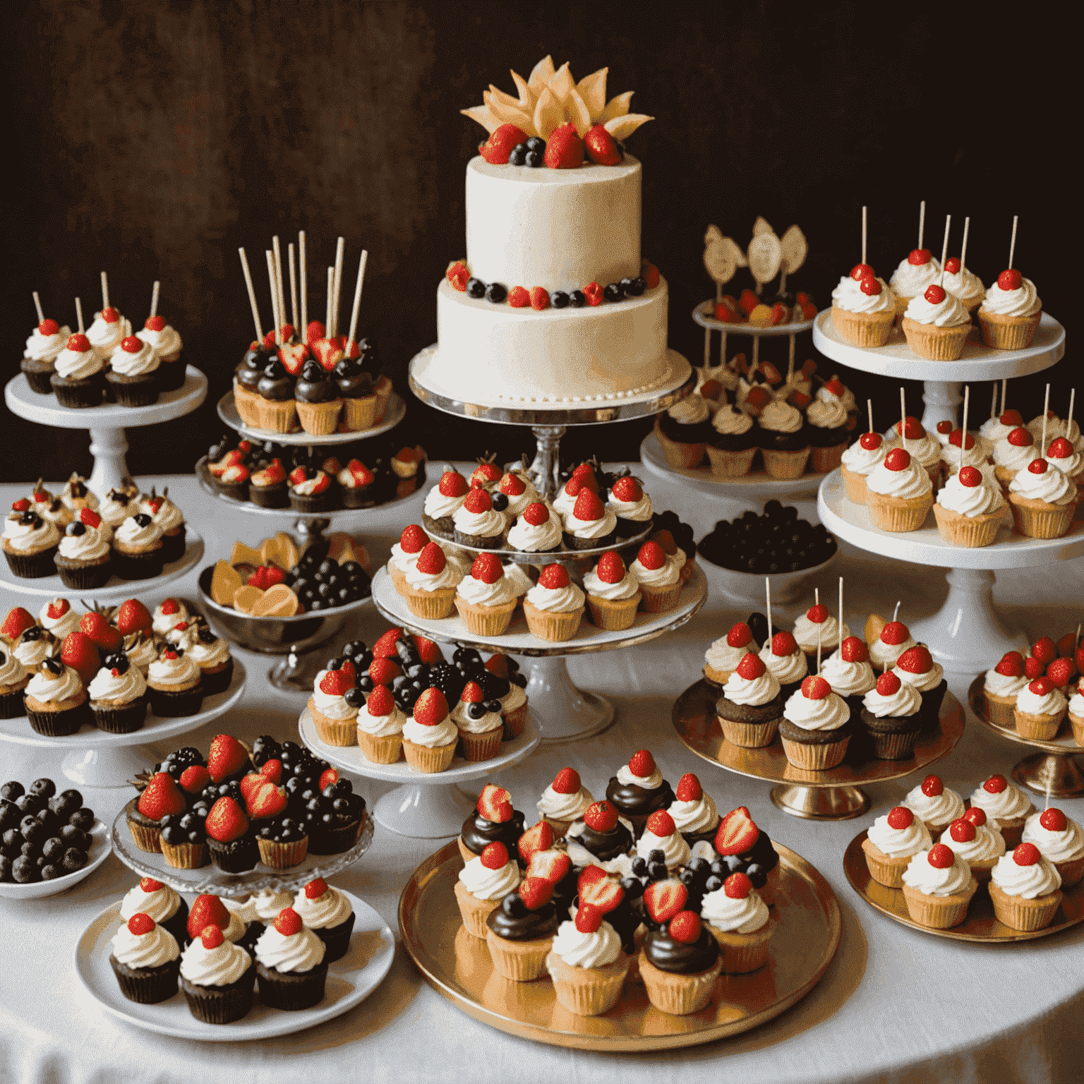 Mesa de postres elegante con una variedad de mini postres, incluyendo cupcakes, cake pops y mini tartas de frutas