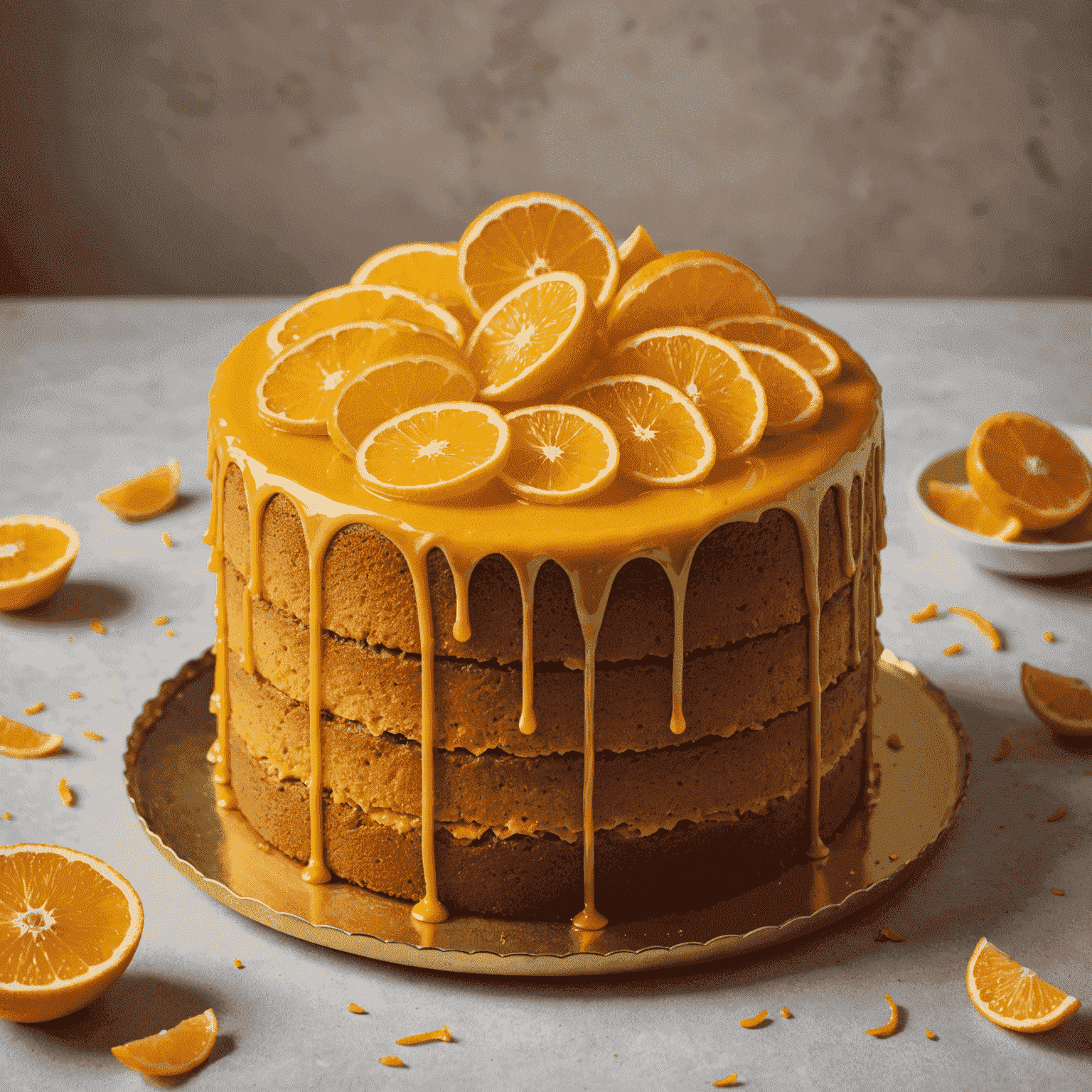 Pastel de color dorado con un sutil tono anaranjado, decorado con rodajas de naranja caramelizadas y hebras de azafrán